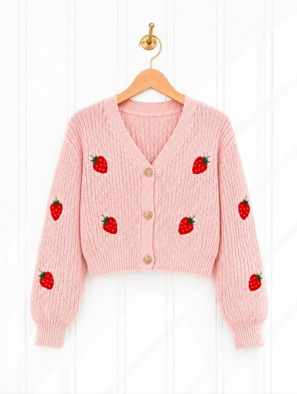 Strawberry Button Front Knit Cardigan Sweater Pink Cropped Cottagecore Size M - Picture 5 of 8